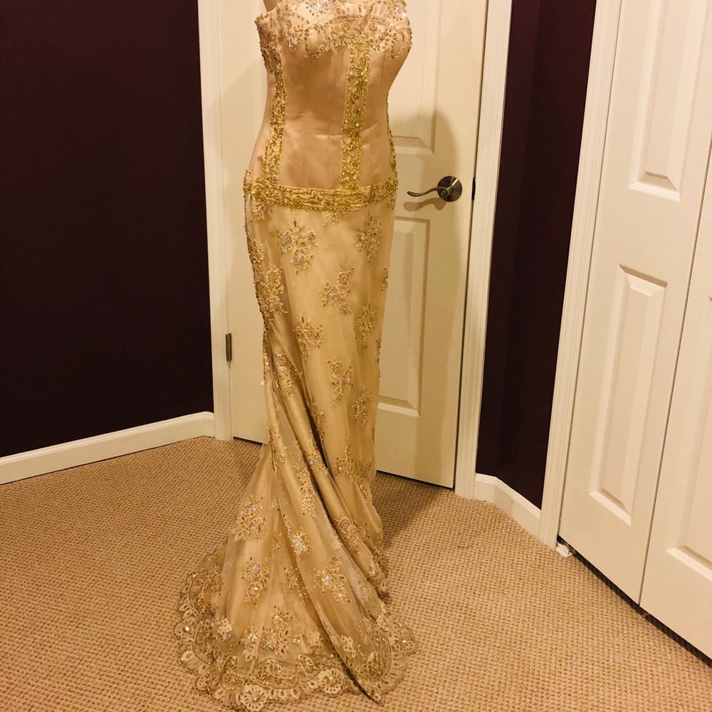 Putros Couture - Shimmering Champagne Gold Sweep Train Gown